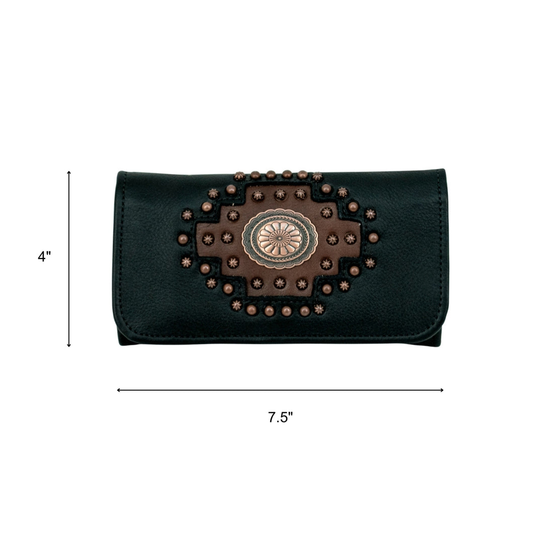 Midnight Copper tri-fold wallet in black accents with dimensions