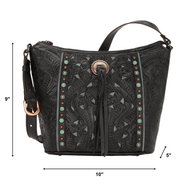 Hill Country bucket tote in black with hand tooled leather accents and bolo concho with tassel with dimensions