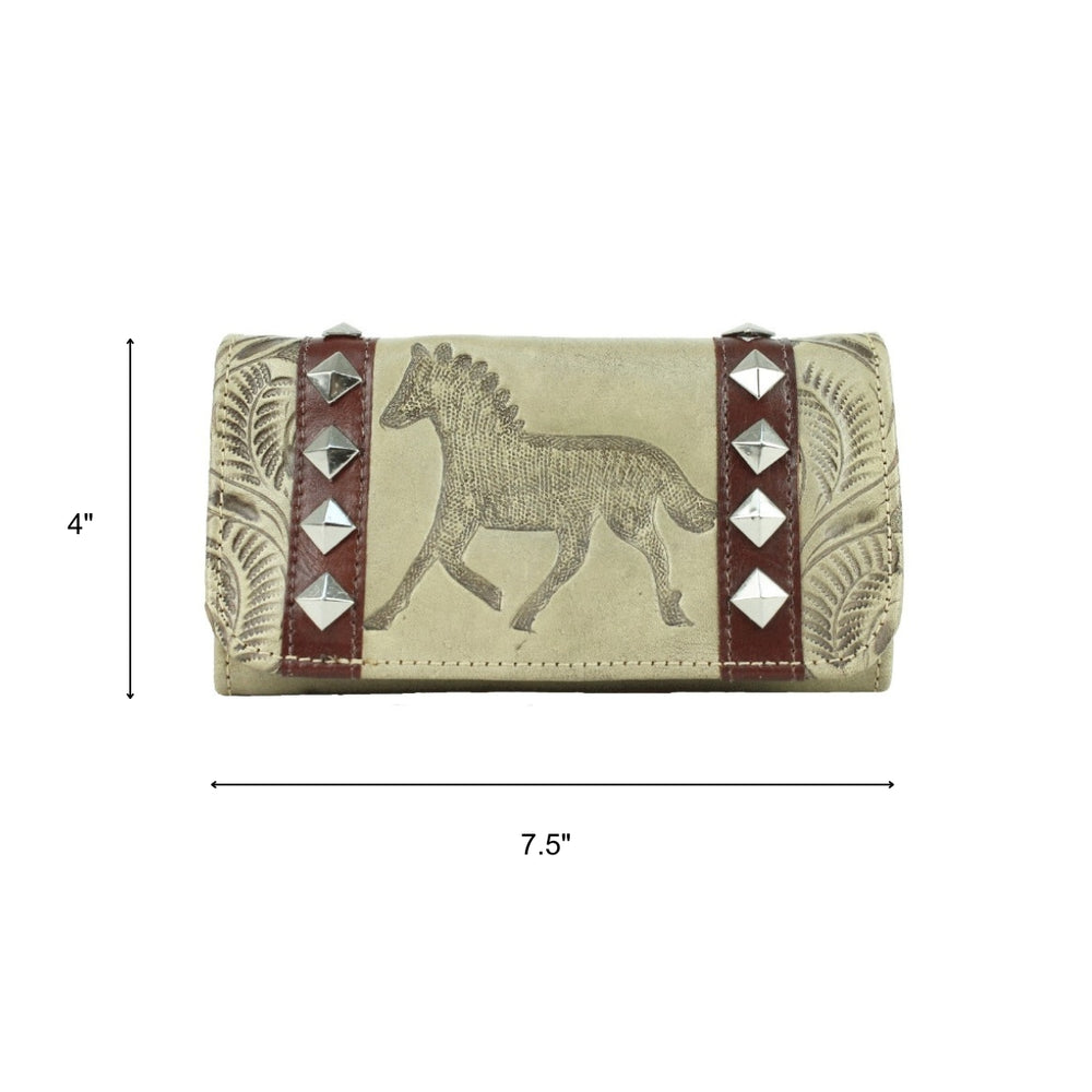Hitchin' Post tri-fold wallet in sand with hand tooled leather accents with dimensions