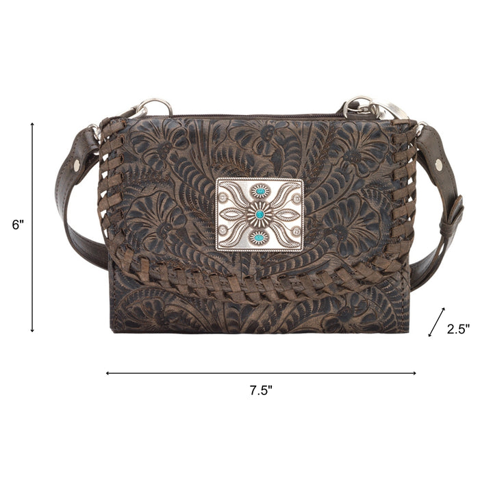 Mohave Canyon crossbody bag in distressed charcoal brown accents with dimensions
