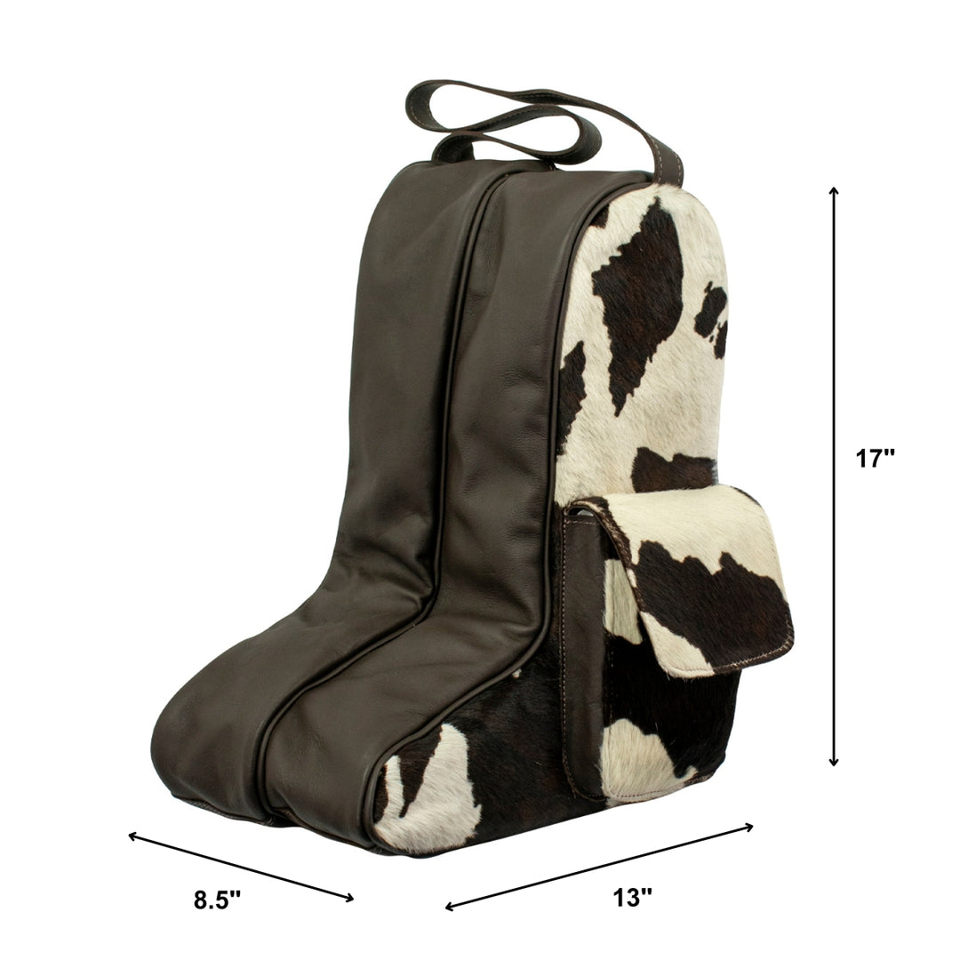 Cowtown boot bag in pony with hair-on hide leather accents with dimensions