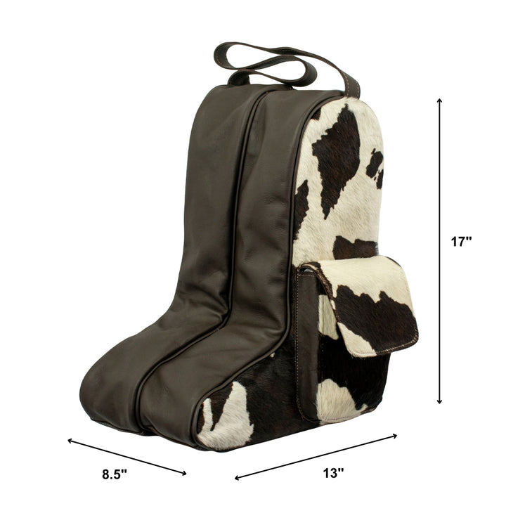 Cowtown boot bag in pony with hair-on hide leather accents with dimensions