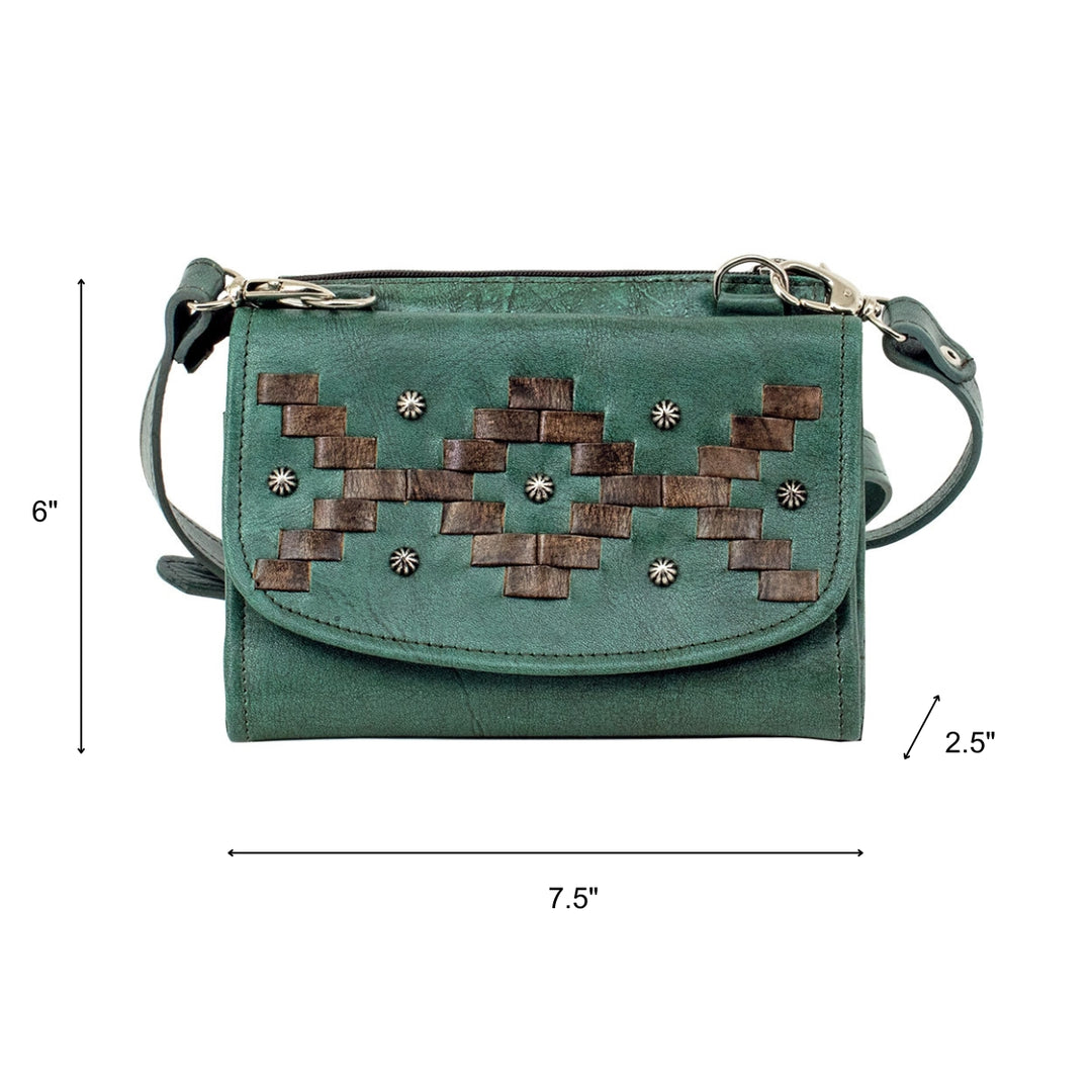 Tribal Weave crossbody bag in light turquoise with leather stitching accents with dimensions