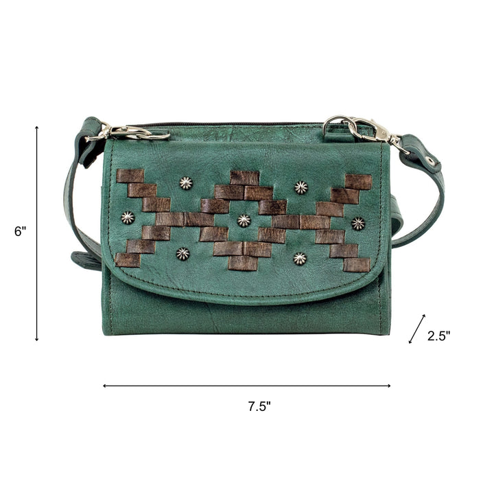 Tribal Weave crossbody bag in light turquoise with leather stitching accents with dimensions