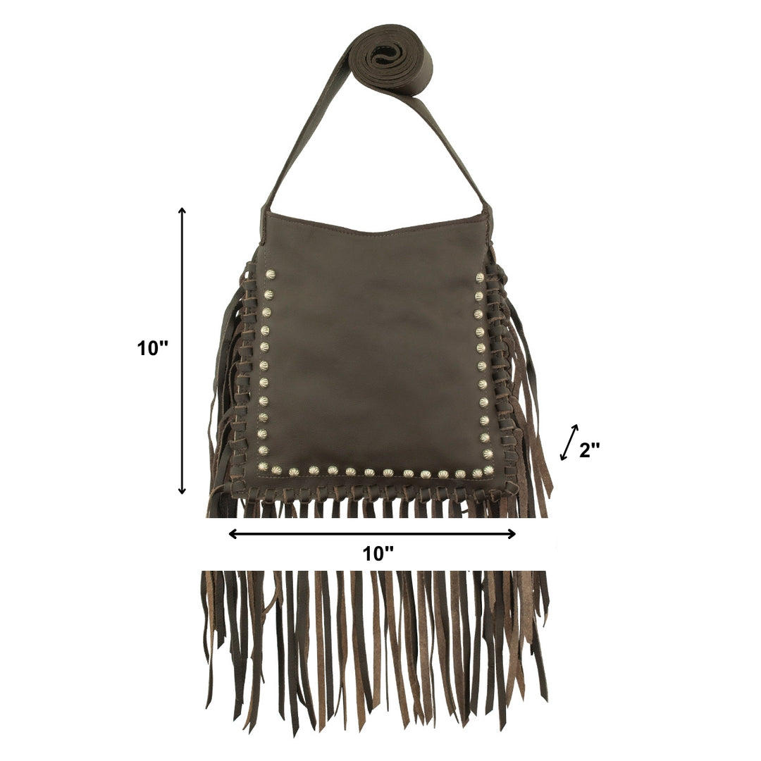 Lifestyle with model of Fringed Cowgirl crossbody in chocolate brown with fringe accent