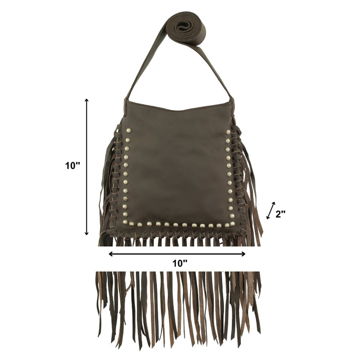 Lifestyle with model of Fringed Cowgirl crossbody in chocolate brown with fringe accent