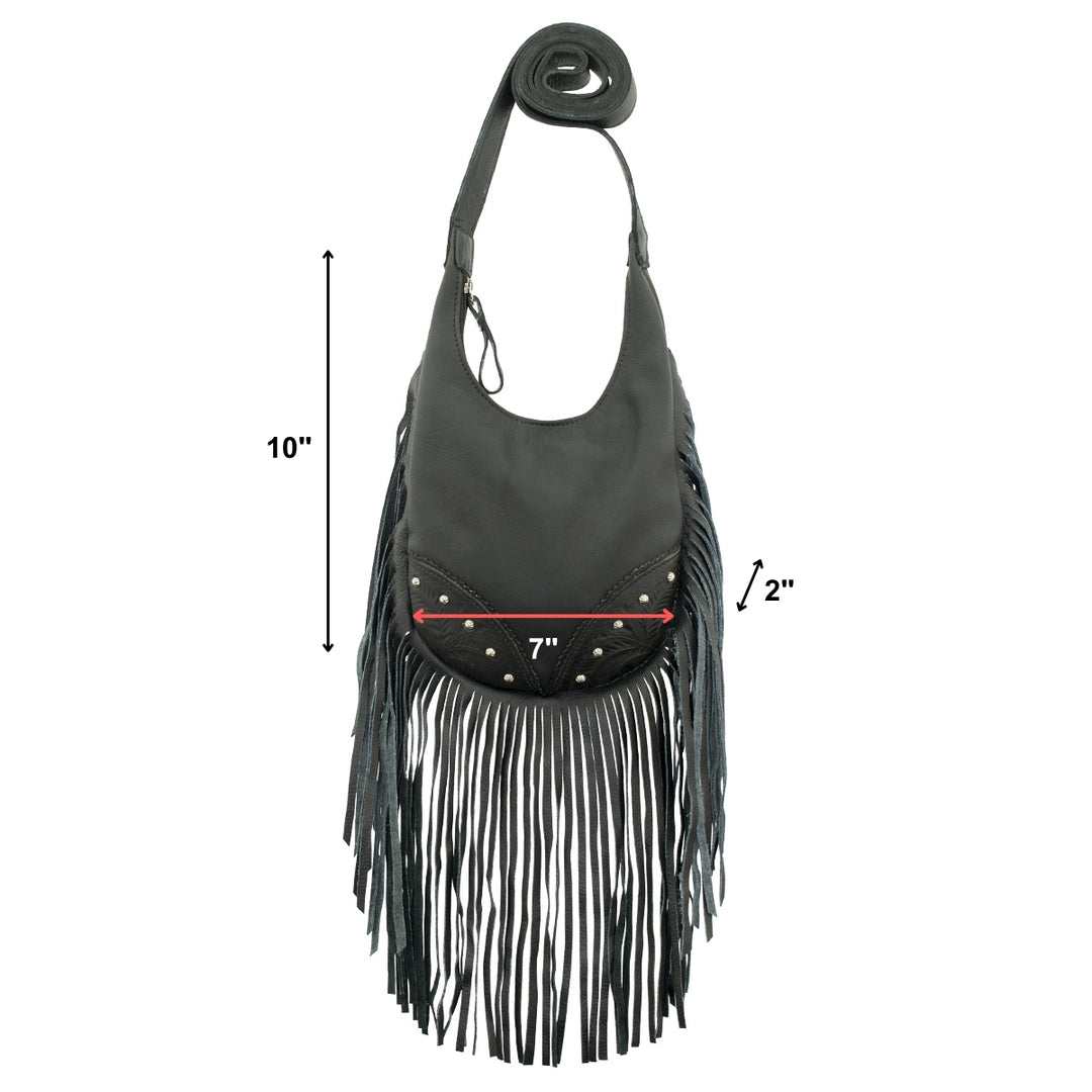 Lifestyle with model of Fringed Cowgirl crossbody in with fringe accent