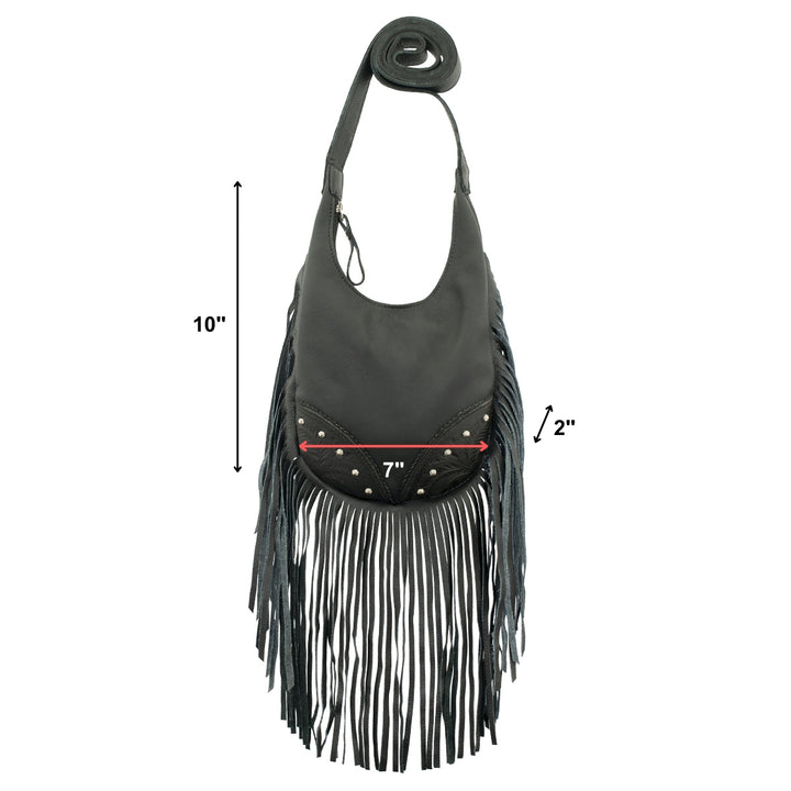 Lifestyle with model of Fringed Cowgirl crossbody in with fringe accent
