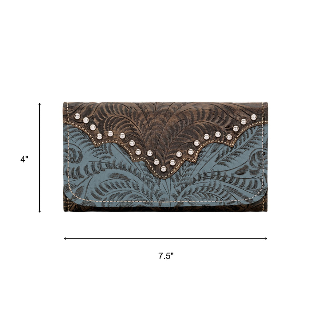 Ladies tri-fold wallet in denim blue with hand tooled leather accents with dimensions