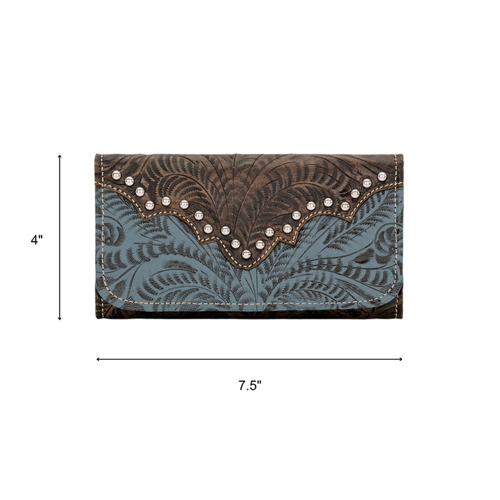 Ladies tri-fold wallet in denim blue with hand tooled leather accents with dimensions