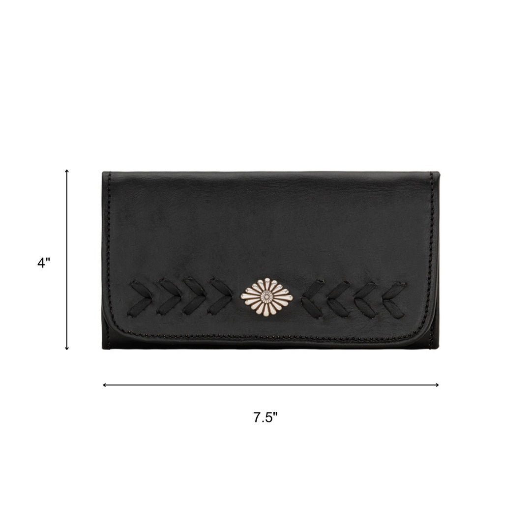 Mohave Canyon tri-fold wallet in black with concho with dimensions
