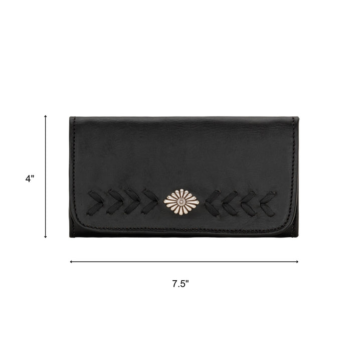 Mohave Canyon tri-fold wallet in black with concho with dimensions