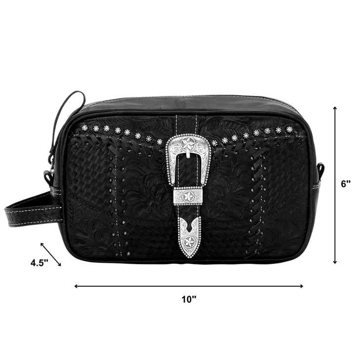 Classic Travel dopp/shaving kit in black with hand tooled leather and buckle set accents with dimensions