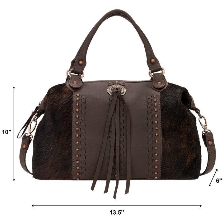 Cow Town conceal carry convertible satchel in brindle with hair-on hide leather accents with dimensions