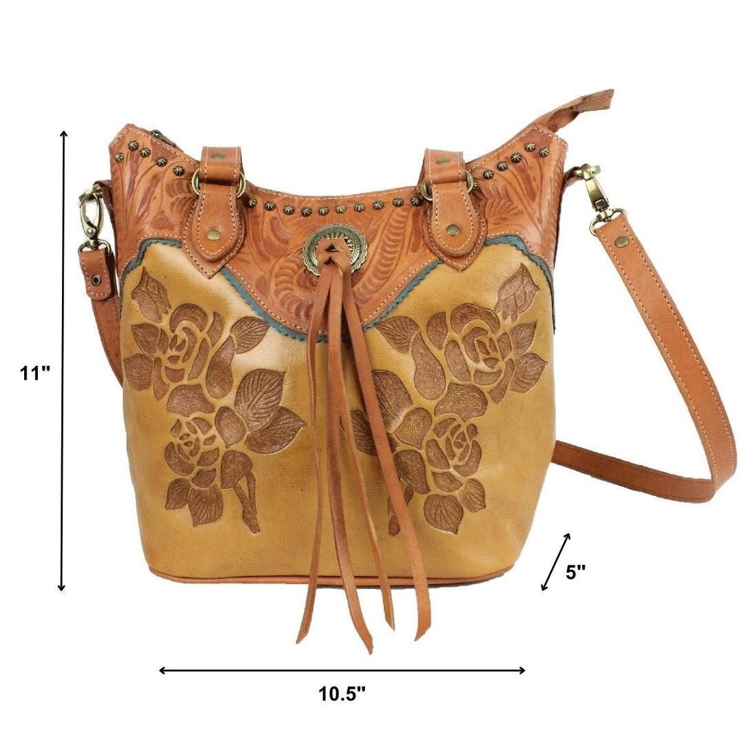 Texas Rose bucket tote in natural tan with hand tooled leather accents and bolo concho with tassel with dimensions