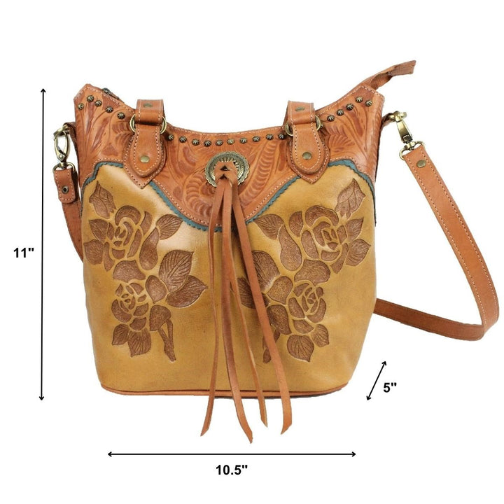 Texas Rose bucket tote in natural tan with hand tooled leather accents and bolo concho with tassel with dimensions