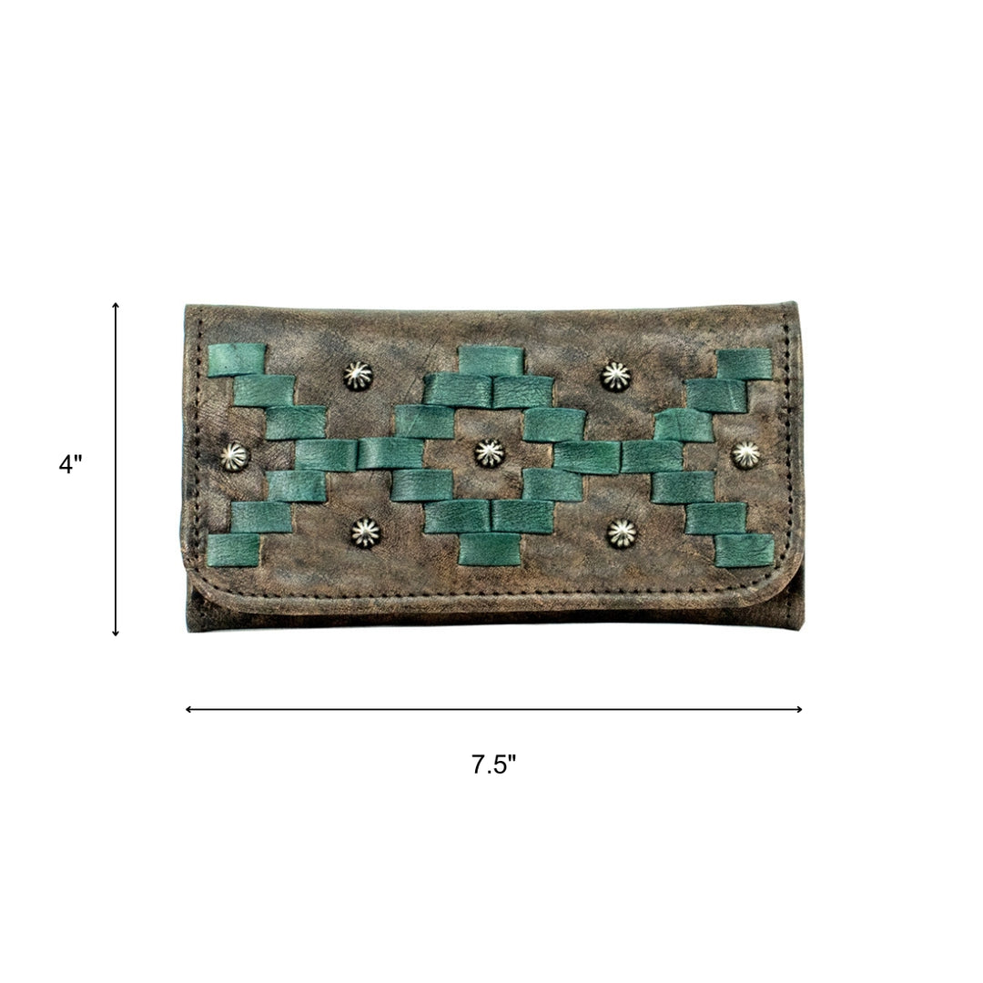 Tribal Weave bucket tote in distressed charcoal brown with leather stitching accents with dimensions
