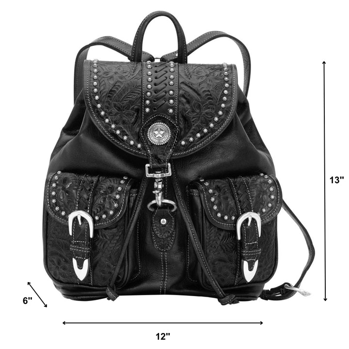 Classic Travel drawstring backpack with front pocket in black with hand tooled leather and buckle set accents with dimensions