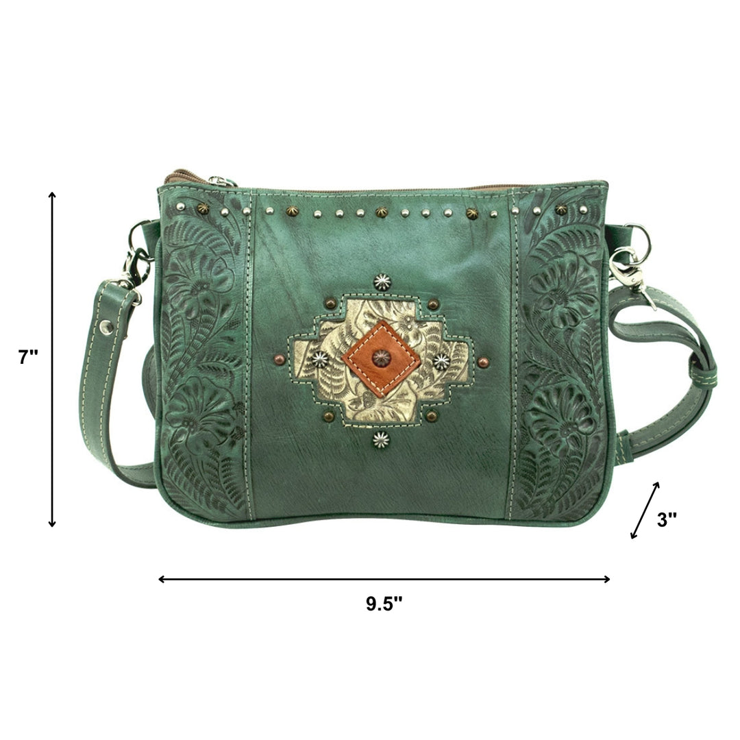 Navajo Soul multi-compartment Crossbody in light turquoise with hand tooled leather accents with dimensions