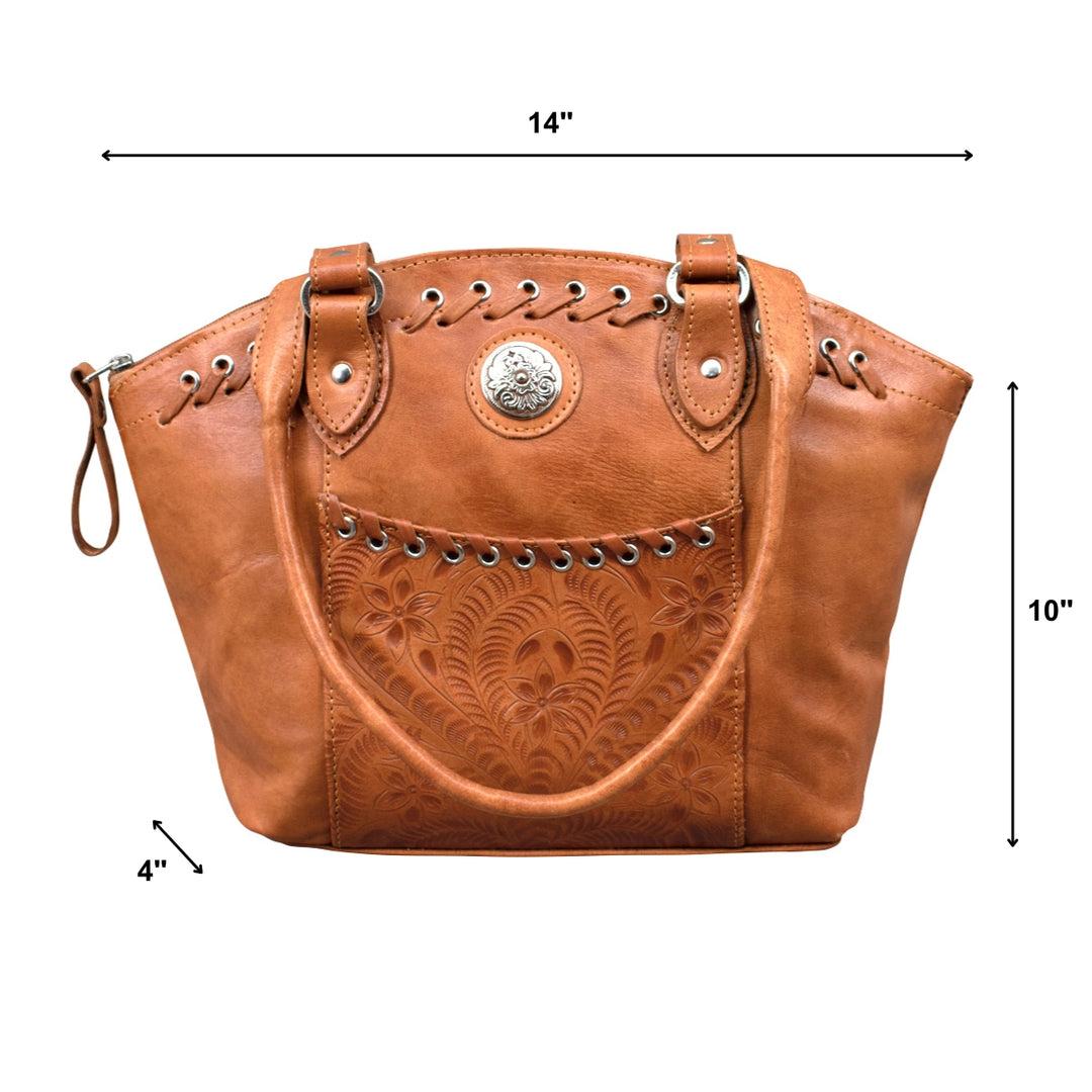 Harvest Moon Bucket conceal carry tote in natural tan with hand tooled leather accents with dimensions