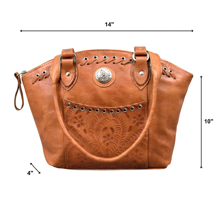 Harvest Moon Bucket conceal carry tote in natural tan with hand tooled leather accents with dimensions