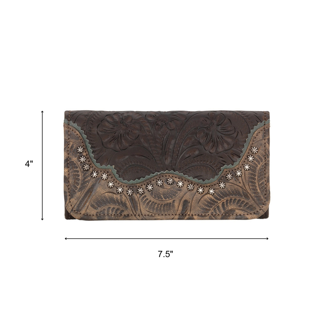 Saddle Ridge tri-fold wallet in chocolate brown with hand tooled leather accents with dimensions