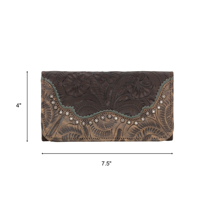 Saddle Ridge tri-fold wallet in chocolate brown with hand tooled leather accents with dimensions