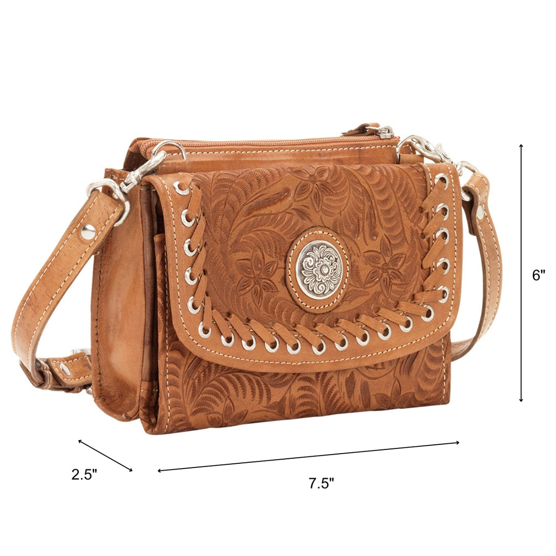 Harvest Moon crossbody bag in natural tan with hand tooled leather accents with dimensions
