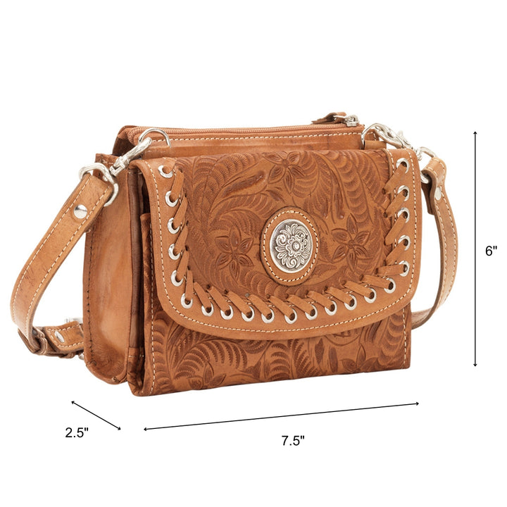 Harvest Moon crossbody bag in natural tan with hand tooled leather accents with dimensions
