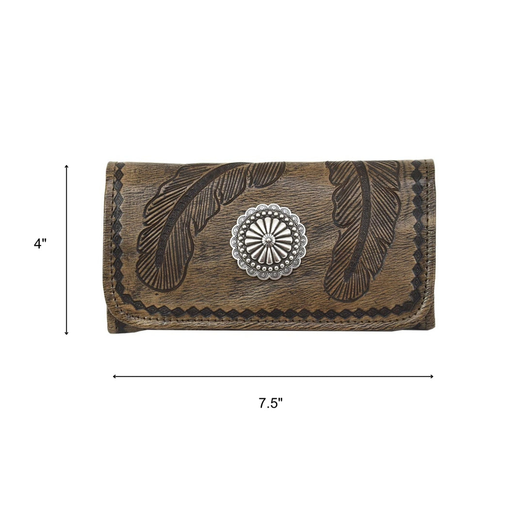 Sacred Bird tri-fold wallet in distressed charcoal brown leather with hand tooled feathers with dimensions