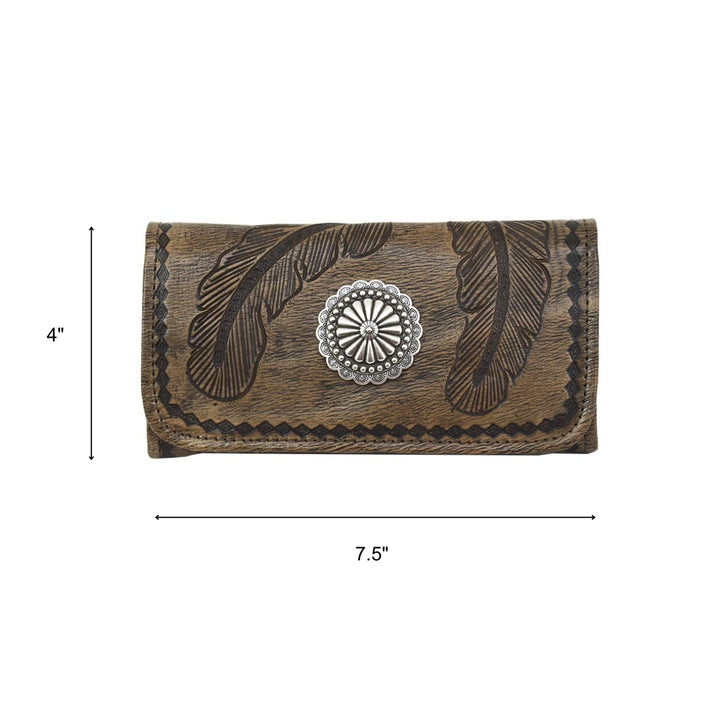 Sacred Bird tri-fold wallet in distressed charcoal brown leather with hand tooled feathers with dimensions