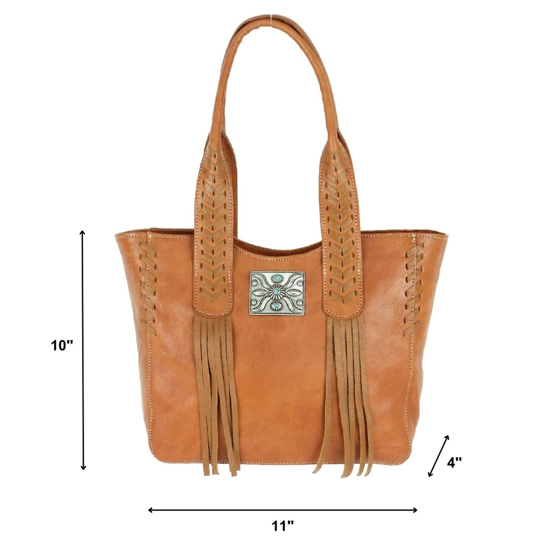 Mohave Canyon tote in natural tan with concho and leather fringe accents with dimensions