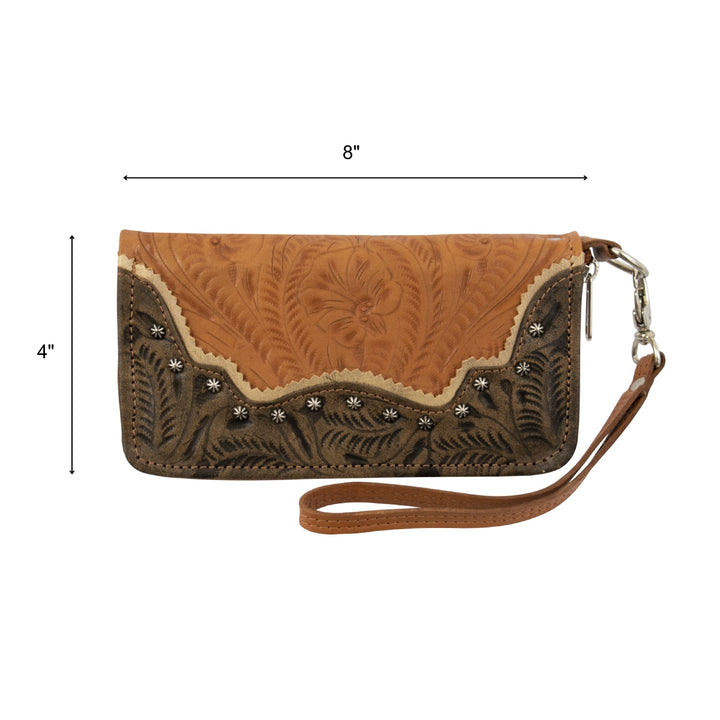 Saddle Ridge zip-around wallet in natural tan with hand tooled leather accents with dimensions