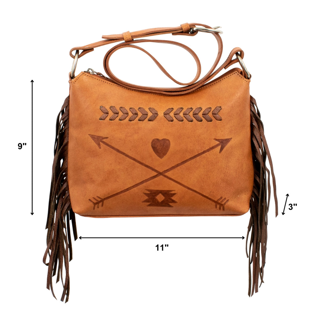 Friendship Arrows shoulder bag in natural tan with hand tooled leather accents with dimensions