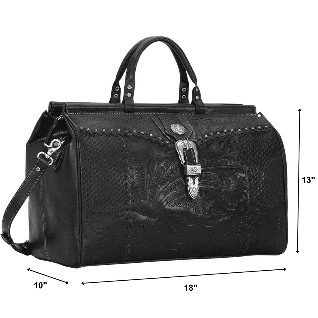 Classic Travel duffel bag in black with hand tooled leather and buckle set accents with dimensions